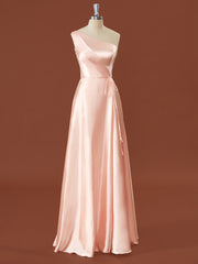 A-line Silk Like Satin One-Shoulder Pleated Floor-Length Bridesmaid Dress
