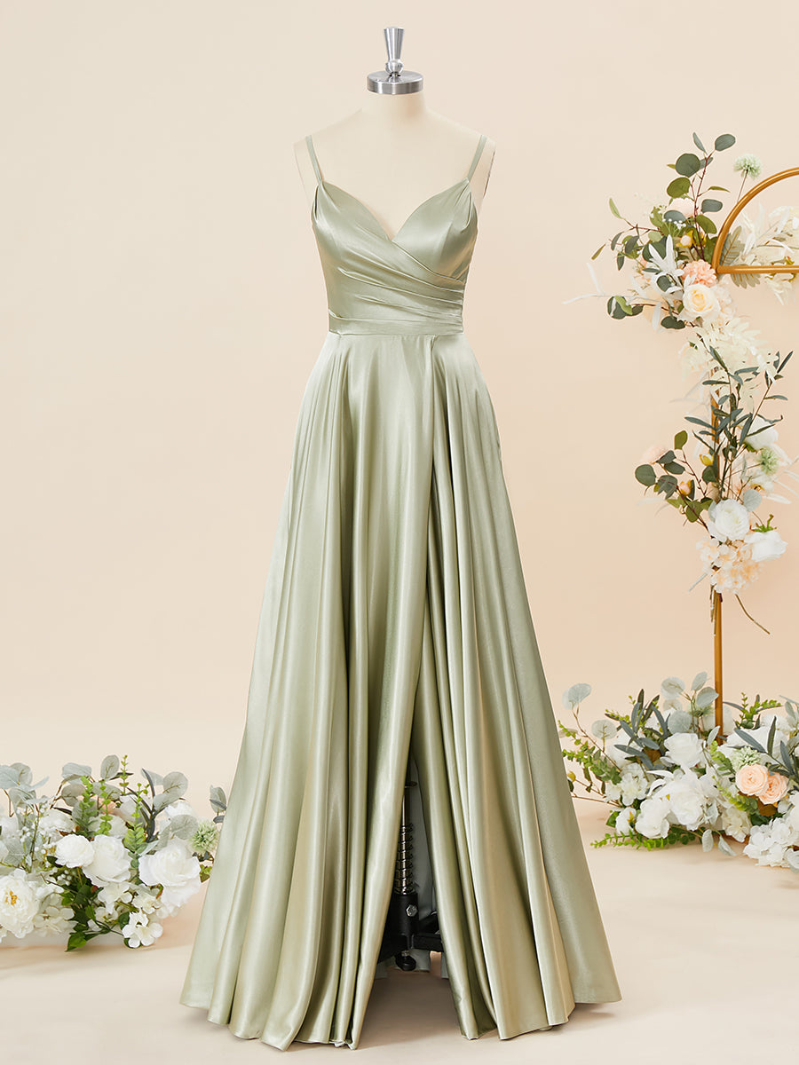 A-line Silk Like Satin V-neck Pleated Floor-Length Bridesmaid Dress