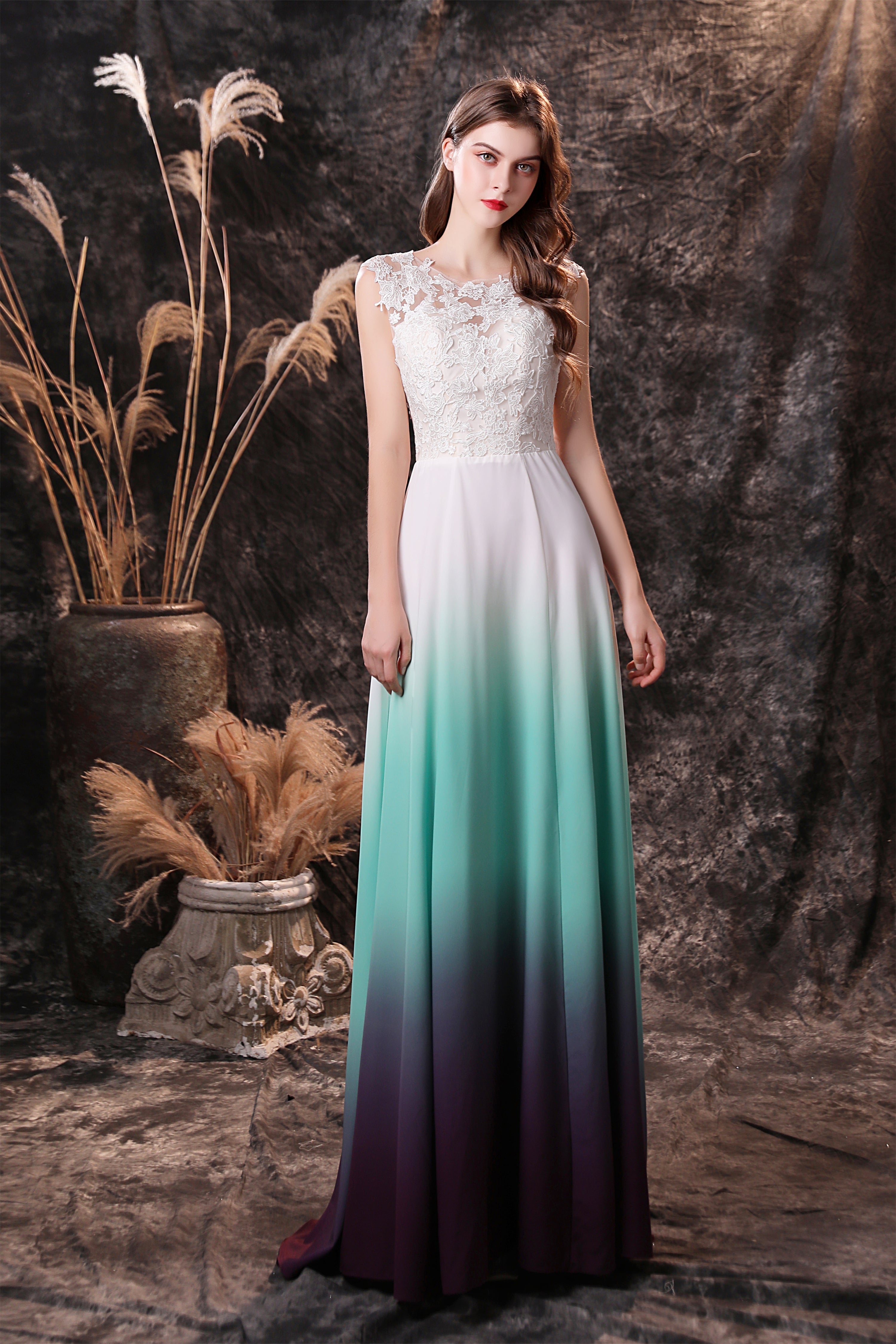 A Line Sleeveless Appliques Ombre Silk Like Satin Floor Length Prom Dresses