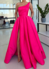 A Line Sleeveless One Shoulder Long Floor Length Satin Prom Dress Outfits For Women With Split Ruffles Pockets