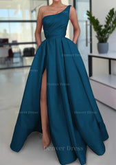 A Line Sleeveless One Shoulder Long Floor Length Satin Prom Dress Outfits For Women With Split Ruffles Pockets