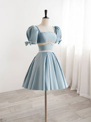 A-Line Square Neckline Blue Short Prom Dress Outfits For Girls, Cute Blue Homecoming Dress