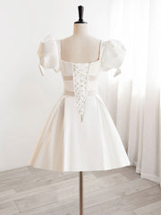 A-Line Square Neckline Ivory Short Prom Dress Outfits For Girls, Cute lvory Homecoming Dress