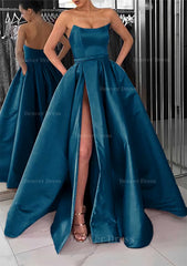 A Line Square Neckline Long Floor Length Satin Prom Dress Outfits For Women With Pockets Split
