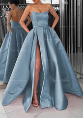 A Line Square Neckline Long Floor Length Satin Prom Dress Outfits For Women With Pockets Split