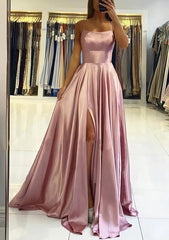 A Line Square Neckline Sleeveless Satin Sweep Train Prom Dress Outfits For Women With Pleated