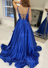 A Line Square Neckline Sleeveless Sweep Train Satin Prom Dress Outfits For Women With Pockets