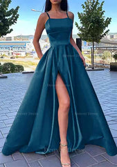 A Line Square Neckline Spaghetti Straps Long Floor Length Satin Prom Dress Outfits For Women With Split Pockets