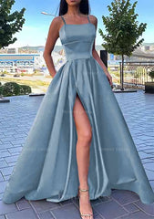 A Line Square Neckline Spaghetti Straps Long Floor Length Satin Prom Dress Outfits For Women With Split Pockets