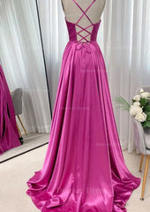 A Line Square Neckline Spaghetti Straps Sweep Train Charmeuse Prom Dress Outfits For Women With Pleated