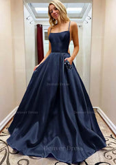 A Line Square Neckline Spaghetti Straps Sweep Train Satin Prom Dress Outfits For Women With Beading Pockets