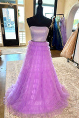 A-Line Strapless Lilac Layered Long Prom Dress with Rhinestones