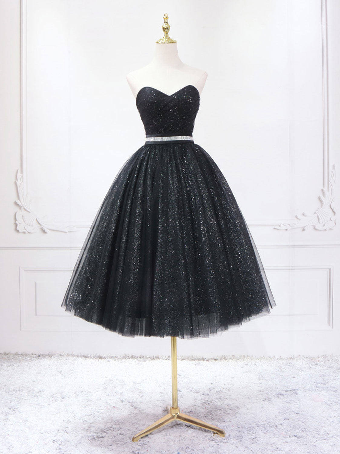 A-Line Sweetheart Neck Black Short Prom Dress Outfits For Girls, Black Formal Evening Dresses