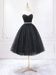 A-Line Sweetheart Neck Black Short Prom Dress Outfits For Girls, Black Formal Evening Dresses