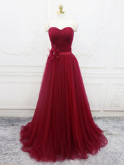 A-Line Sweetheart Neck Burgundy Long Prom Dress Outfits For Girls, Burgundy Bridesmaid Dress