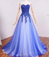 A Line Sweetheart Neck Lace Tulle Blue Long Prom Dresses, Blue Formal Dresses, Blue Lace Evening Dresses