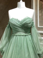 A Line Sweetheart Neck Long Sleeves Green Tulle Long Prom Dress Outfits For Girls, Long Green Formal Evening Dress