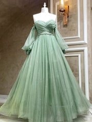 A Line Sweetheart Neck Long Sleeves Green Tulle Long Prom Dress Outfits For Girls, Long Green Formal Evening Dress