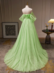 A-Line Sweetheart Neck Tulle Green Long Prom Dress Outfits For Girls, Green Tulle Long Evening Dress