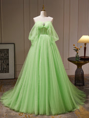 A-Line Sweetheart Neck Tulle Green Long Prom Dress Outfits For Girls, Green Tulle Long Evening Dress