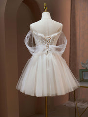 A Line Sweetheart Neck Tulle Lace Beige Short Prom Dress Outfits For Girls, Puffy Cute Homecoming Dress