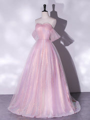 A-Line Sweetheart Neck Tulle Sequin Pink Long Prom Dress Outfits For Girls, Pink Tulle Formal Dress