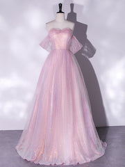 A-Line Sweetheart Neck Tulle Sequin Pink Long Prom Dress Outfits For Girls, Pink Tulle Formal Dress