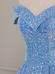 A-Line Sweetheart Neck Velvet Sequin Blue Long Prom Dress Outfits For Girls, Blue Formal Dress