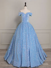 A-Line Sweetheart Neck Velvet Sequin Blue Long Prom Dress Outfits For Girls, Blue Formal Dress
