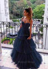 A Line Sweetheart Sleeveless Long Floor Length Tulle Prom Dress Outfits For Women With Ruffles