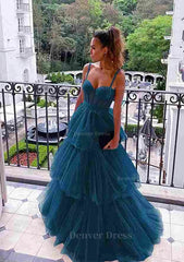 A Line Sweetheart Sleeveless Long Floor Length Tulle Prom Dress Outfits For Women With Ruffles