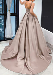 A Line Sweetheart Sleeveless Satin Sweep Train Prom Dress Outfits For Women With Pockets