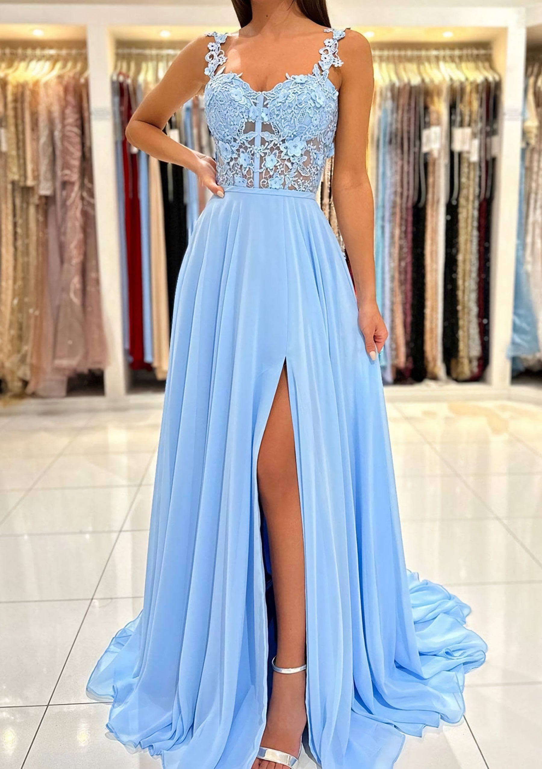 A Line Sweetheart Sleeveless Sweep Train Chiffon Prom Dress Outfits For Women With Appliqued Split