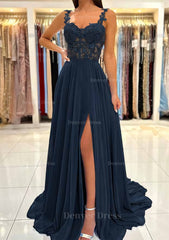 A Line Sweetheart Sleeveless Sweep Train Chiffon Prom Dress Outfits For Women With Appliqued Split