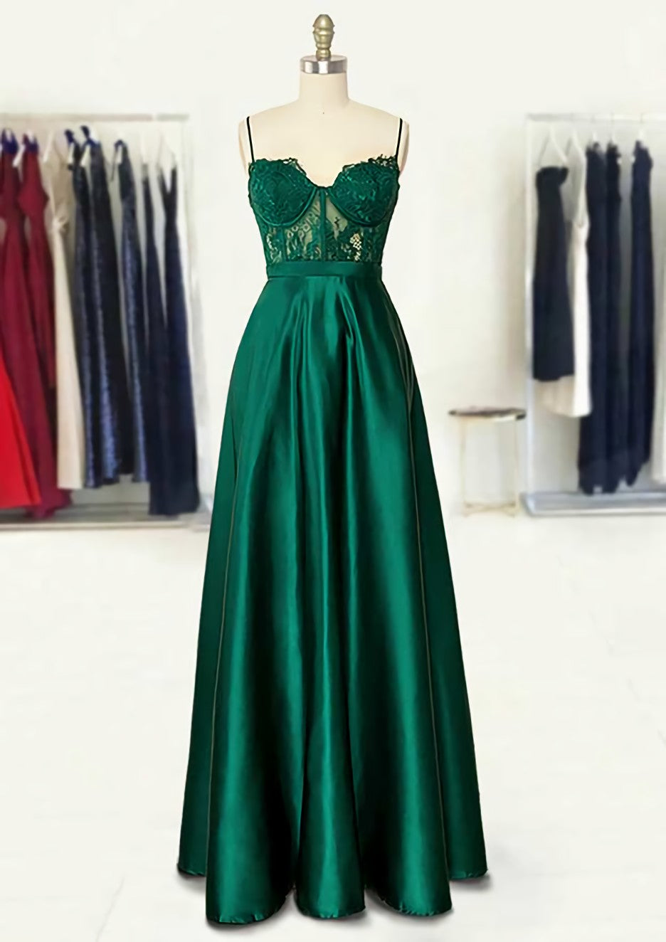 A Line Sweetheart Spaghetti Straps Long Floor Length Satin Prom Dress Outfits For Women With Appliqued Pockets