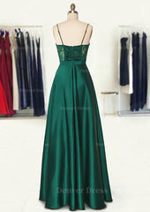 A Line Sweetheart Spaghetti Straps Long Floor Length Satin Prom Dress Outfits For Women With Appliqued Pockets