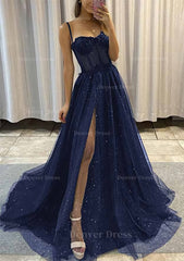 A Line Sweetheart Spaghetti Straps Sweep Train Tulle Glitter Prom Dress Outfits For Women With Appliqued