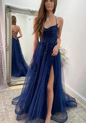 A Line Sweetheart Spaghetti Straps Sweep Train Tulle Prom Dress Outfits For Women With Appliqued Split