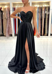 A Line Sweetheart Strapless Sweep Train Charmeuse Prom Dress Outfits For Women With Pleated Split