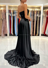 A Line Sweetheart Strapless Sweep Train Charmeuse Prom Dress Outfits For Women With Pleated Split