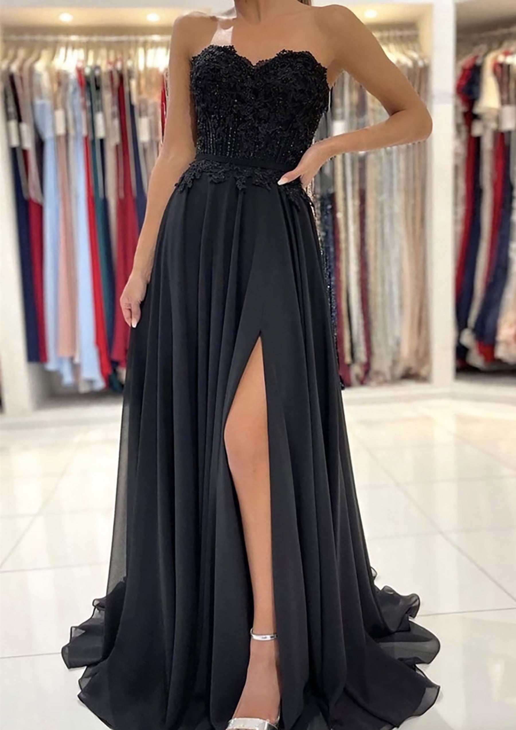 A Line Sweetheart Sweep Train Chiffon Prom Dress Outfits For Women With Lace Beading Split