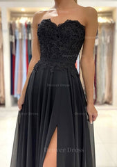A Line Sweetheart Sweep Train Chiffon Prom Dress Outfits For Women With Lace Beading Split