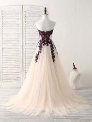 A-Line Sweetheart Tulle Lace Applique Burgundy Long Prom Dress Outfits For Girls, Bridesmaid Dress