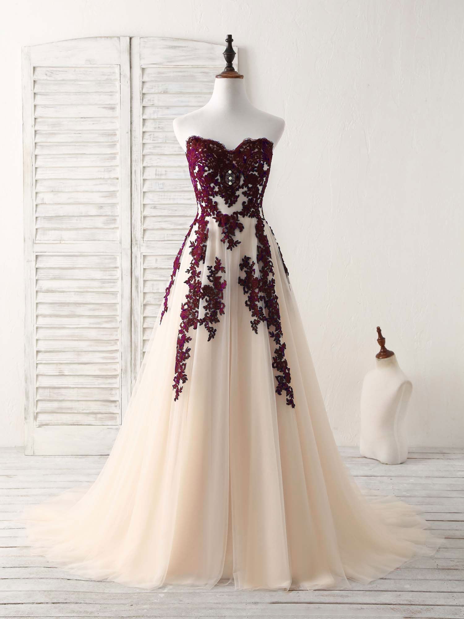 A-Line Sweetheart Tulle Lace Applique Burgundy Long Prom Dress Outfits For Girls, Bridesmaid Dress