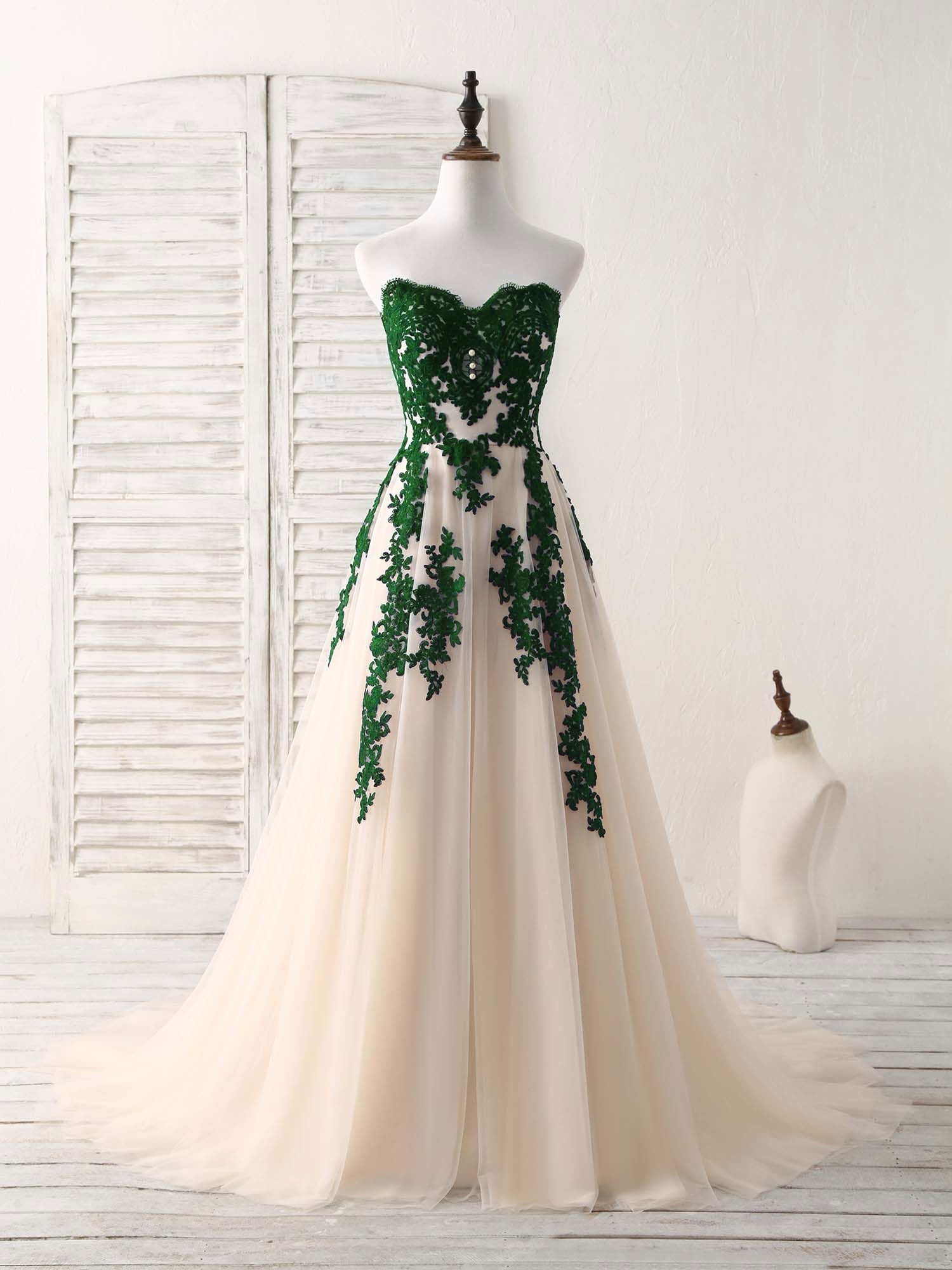 A-Line Sweetheart Tulle Lace Applique Green Long Prom Dress Outfits For Girls, Bridesmaid Dress