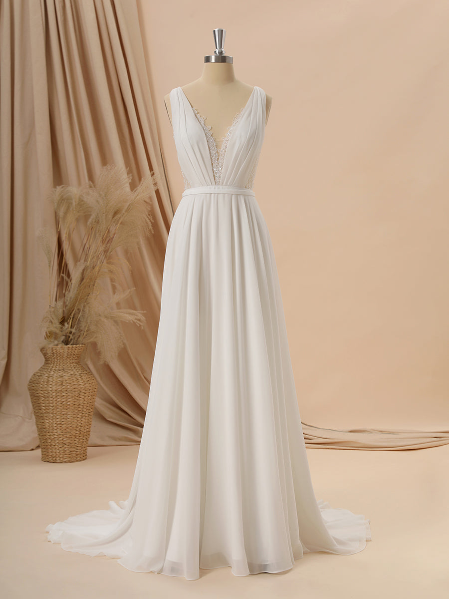 A-line Taffeta V-neck Appliques Lace Sweep Train Wedding Dress