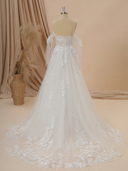 A-line Tulle Cold Shoulder Appliques Lace Chapel Train Wedding Dress