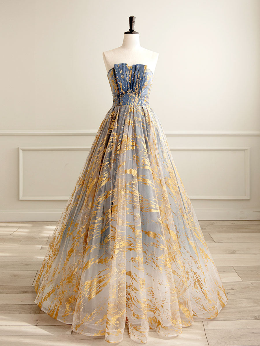 A-Line Tulle Gold/Blue Long Prom Dress Outfits For Girls, Blue Formal Evening Dress