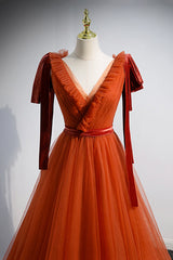 A-Line Tulle Long Prom Dress Outfits For Girls, Orange V-Neck Long Simple Evening Dress