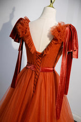 A-Line Tulle Long Prom Dress Outfits For Girls, Orange V-Neck Long Simple Evening Dress